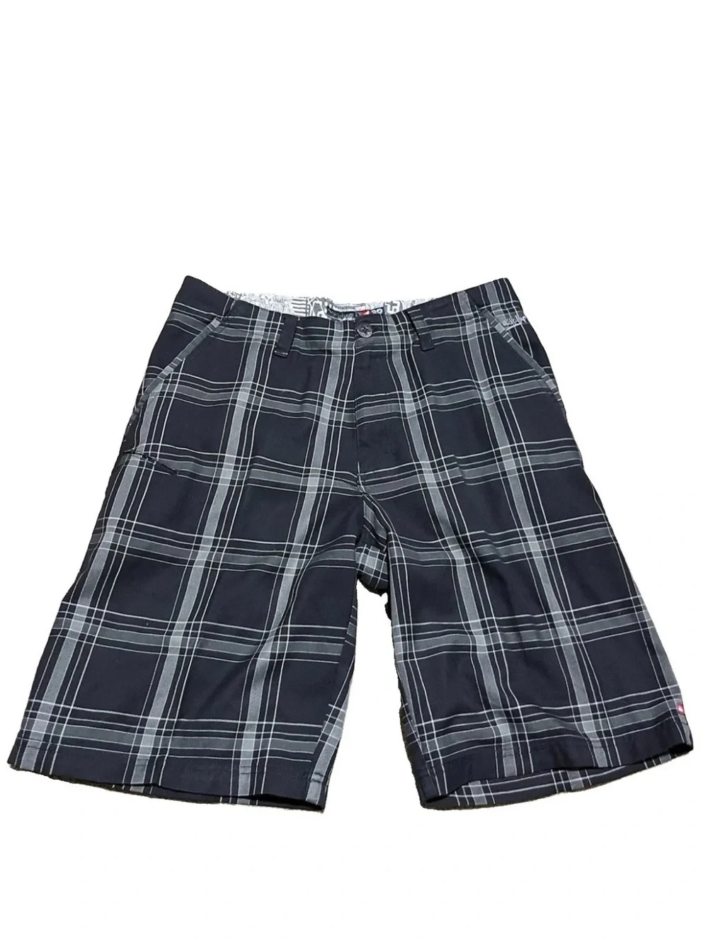 Quiksilver Men's Casual Shorts Gray Black Plaid Size 32 Spellout Graffiti